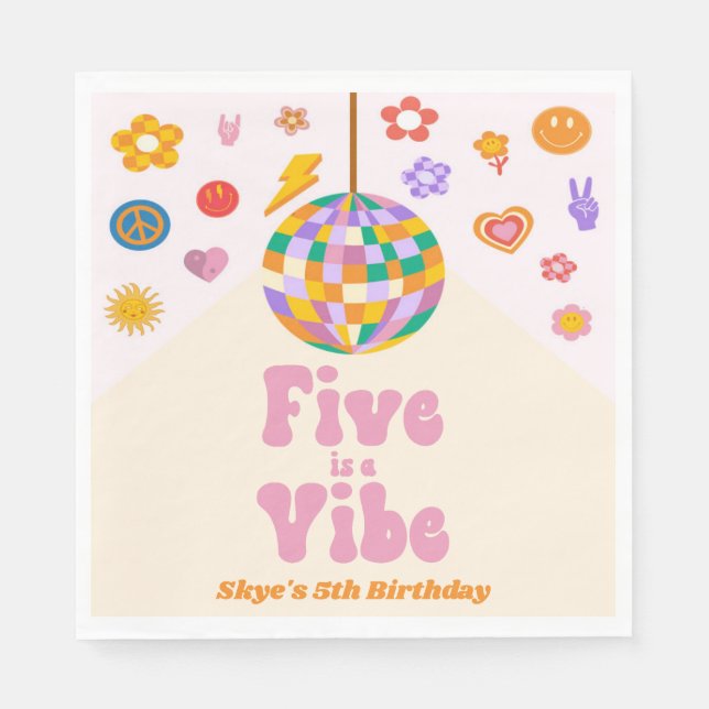 Fünf ist die Vibe Retro Diskothek Ball 5. Geburtst Serviette (Vorderseite)