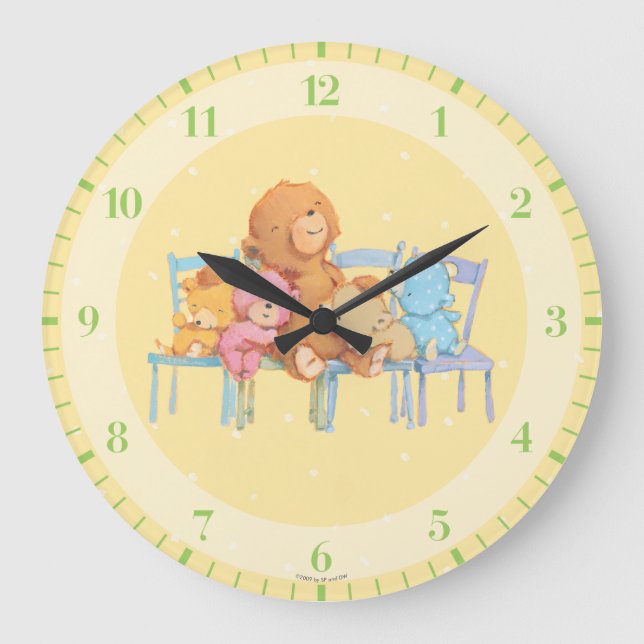 Fünf kalte und farbenfrohe Bären auf Stühlen Große Wanduhr (Vorderseite)