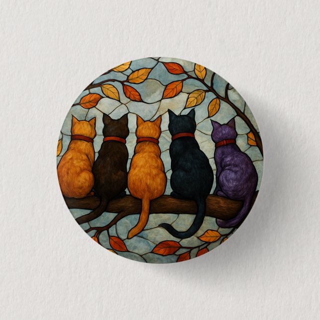 Fünf Katzen auf einem Baumzweig im Buntglasstil Button (Vorderseite)