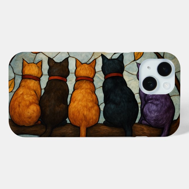 Fünf Katzen auf einem Baumzweig im Buntglasstil Case-Mate iPhone Hülle (Rückseite (Horizontal))