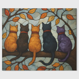 Fünf Katzen auf einem Baumzweig im Buntglasstil Geschenkpapier