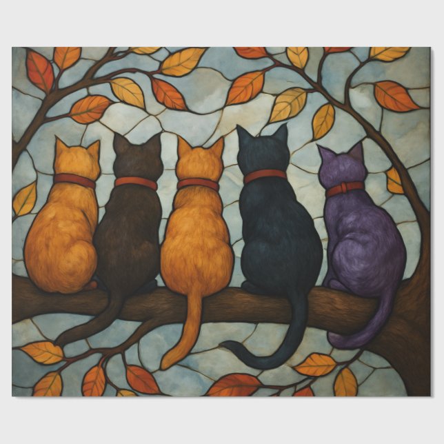Fünf Katzen auf einem Baumzweig im Buntglasstil Geschenkpapier (Flach)