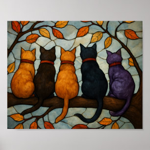 Fünf Katzen auf einem Baumzweig im Buntglasstil Poster