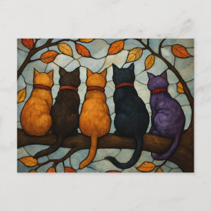 Fünf Katzen auf einem Baumzweig im Buntglasstil Postkarte