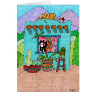 Fünf Katzen in einem Aqua-Adobe-Haus