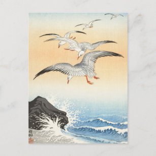 Fünf Möwen über dem turbulenten Meer von Ohara Kos Postkarte