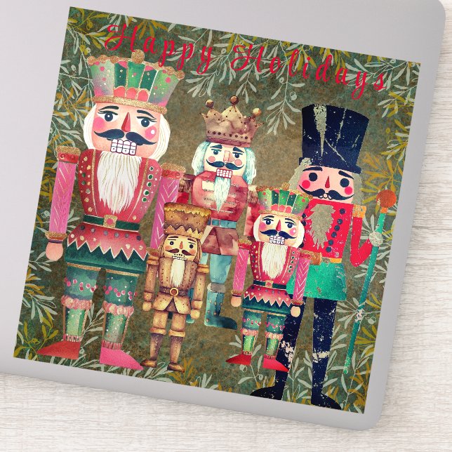 Fünf Nutcrackers Happy Holidays farbenfroh Aufkleber (Detail)