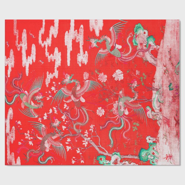 Fünf Phönixe im Garten Chinesisch-Rot-Blumenmuster Geschenkpapier (Flach)