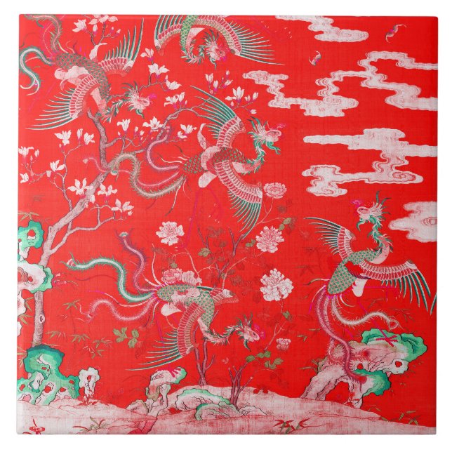 Fünf Phönixe im Garten Chinesisch Rot Floral  Fliese (Vorderseite)