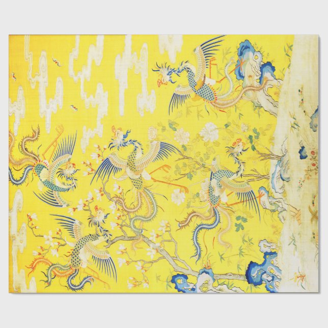Fünf Phönixe in Gartenchinesischer Gelbblüte Geschenkpapier (Flach)