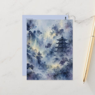 Fünf-Stufen-Pagode Mystischer Wald Indigo Gold Postkarte