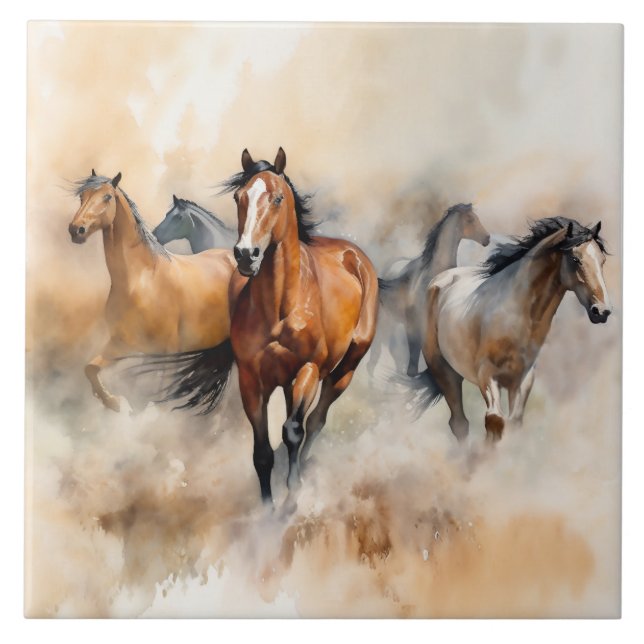 „Fünf wilde Mustangs“ staubige westliche Aquarellm Fliese (Vorderseite)
