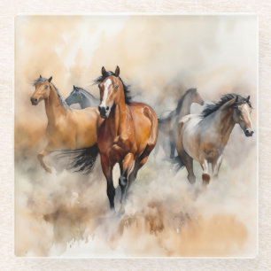 „Fünf wilde Mustangs“ staubige westliche Aquarellm Glasuntersetzer