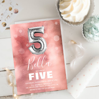 Fünfter Geburtstag Silberballon | Rosa Party Einladung