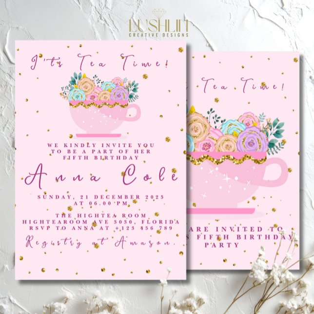 Fünfter Geburtstag Tee Party Elegante & Sweet Gebu Einladung (Von Creator hochgeladen)