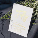 fünfzig | Chic Foil Script 50. Geburtstagsparty Folieneinladung<br><div class="desc">Feiern Sie Ihren besonderen Tag mit dieser stilvollen 50. Geburtstagsfoto-Einladung. Dieses Design zeichnet sich durch eine schicke Schrift "50" mit einem sauberen Layout aus. Sie können die Briefmarke der reellen Folie wählen (Gold,  Silber,  Rose Gold). Weitere Designs und Party-Zubehör sind in meinem Shop BaraBomDesign erhältlich.</div>