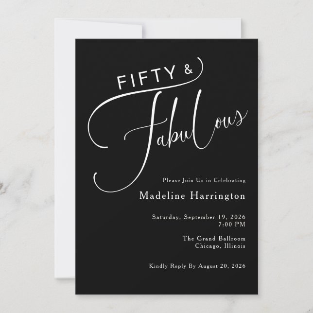 Fünfzig & Fabelhaft Elegant Script 50. Geburtstag Einladung (Vorderseite)