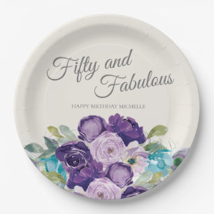 Fünfzig Fabelhafte Geburtstag Lila Blau Floral Wei Pappteller