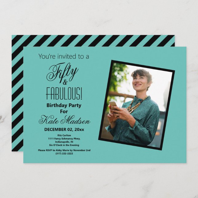 Fünfzig & FABULOUS Geburtstagsparty Aquamarines Sc Einladung (Vorne/Hinten)