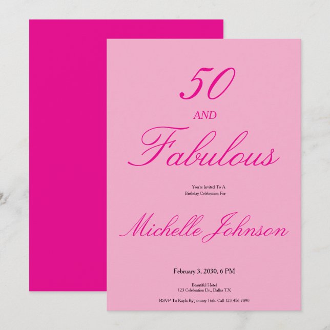 Fünfzig & Fantastisch Pink 50. Geburtstagsfeier Einladung (Vorne/Hinten)