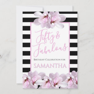 Fünfzig & Fantastisch Rosa Floral Schwarz Streifen Einladung