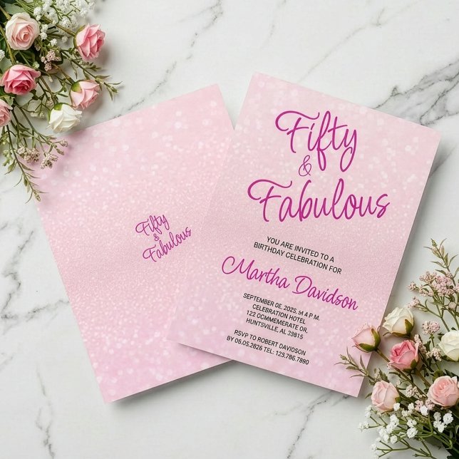 Fünfzig & Fantastisch Rosa Glitter Elegant Einladung (Fifty & Fabulous Pink Glitter Elegant Invitation)