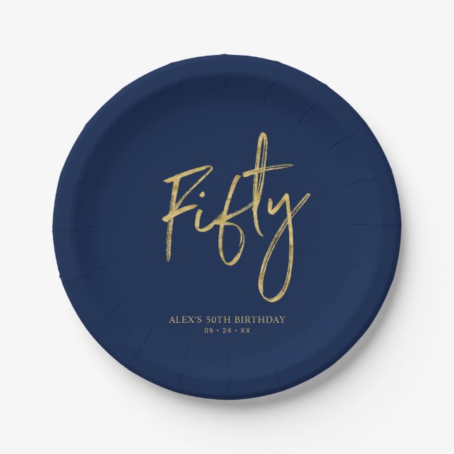 fünfzig | Gold & Navy Blue Lettering 50. Geburtsta Pappteller (Vorderseite)