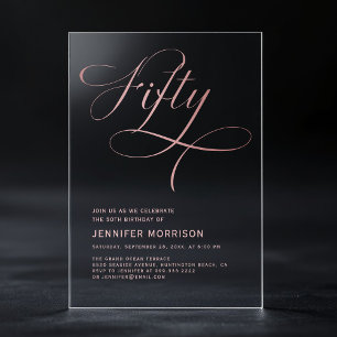 Fünfzig Roségold Schriftzug Schwarz 50. Geburtstag Acryleinladungen