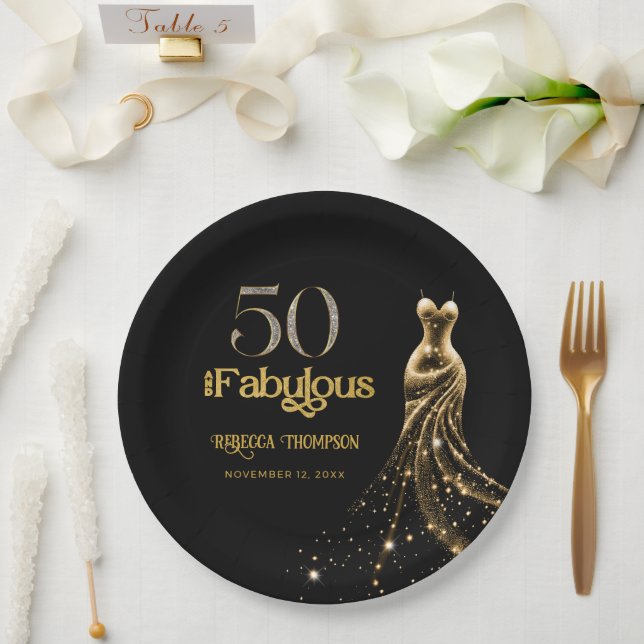 Fünfzig und Fantastisch Goldenes Kleid Schwarz 50. Pappteller (Hochzeit)
