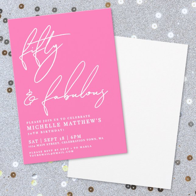 Fünfzig Und Fantastisch Hellrosa 50. Geburtstag Einladung (Fifty And Fabulous Hot Pink 50th Birthday Invitation)
