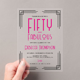 Fünfzig und Fantastisch Hot Pink Art Deco 50. Gebu Acryleinladungen