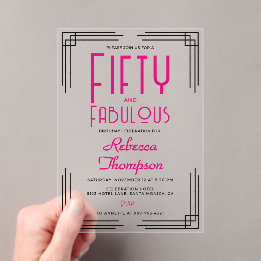Fünfzig und Fantastisch Hot Pink Art Deco 50. Gebu Acryleinladungen