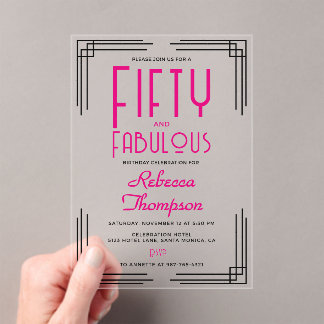 Fünfzig und Fantastisch Hot Pink Art Deco 50. Gebu Acryleinladungen