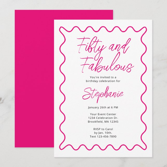 Fünfzig und Fantastisch Pink Schrift Einladung (Vorne/Hinten)