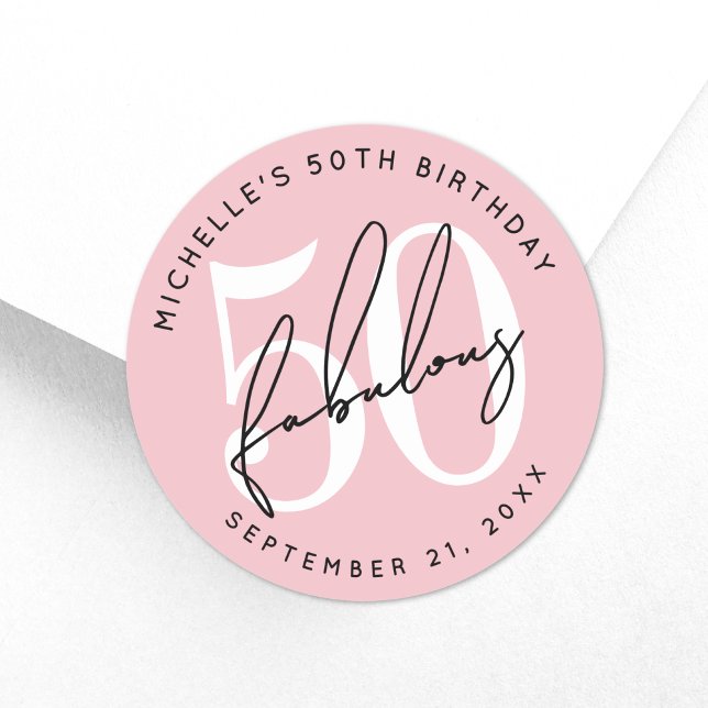 Fünfzig und fantastisch Rosa 50. Geburtstag Runder Aufkleber (Fifty And Fabulous Blush Pink 50th Birthday Classic Round Sticker)
