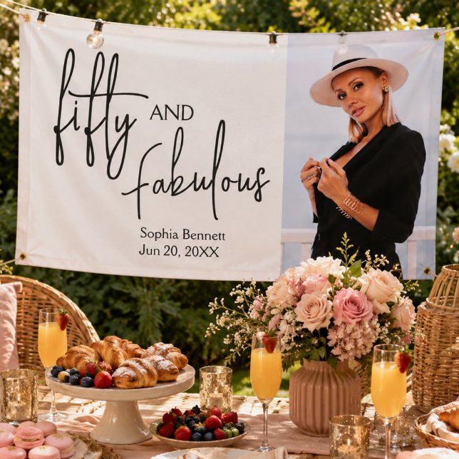 Fünfzig und Fantastisch Skript Foto 50. Geburtstag Banner (50th birthday banners fifty and fabulous black and white modern minimal typography simple elegant )