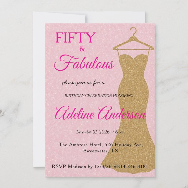 Fünfzig und Fantastisch Skript Rosa Gold 50. Gebur Einladung (Vorderseite)