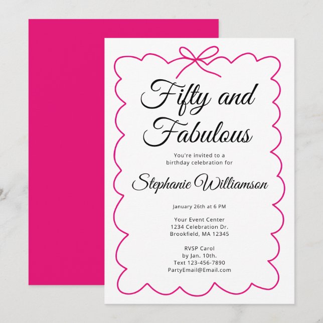 Fünfzig und Fantastisch Whimsical Pink und Black S Einladung (Vorne/Hinten)