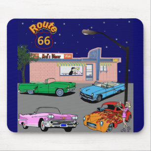 Fünfzigerjahre Restaurant-Weg 66 und Vintage Auto Mousepad