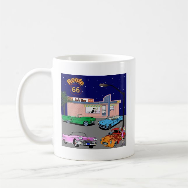 Fünfzigerjahre Restaurant-Weg 66 und Vintage Autos Tasse (Links)