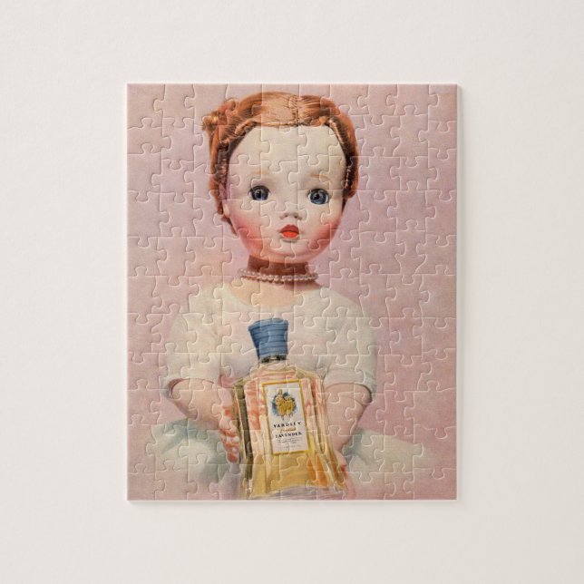 Fünfzigerjahre Yardley Anzeige mit Puppe Madame Puzzle (Vertikal)