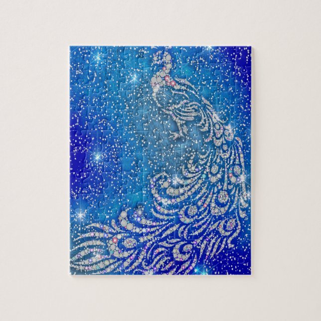 Funkeln blauer u. weißer Pfau Puzzle (Vertikal)