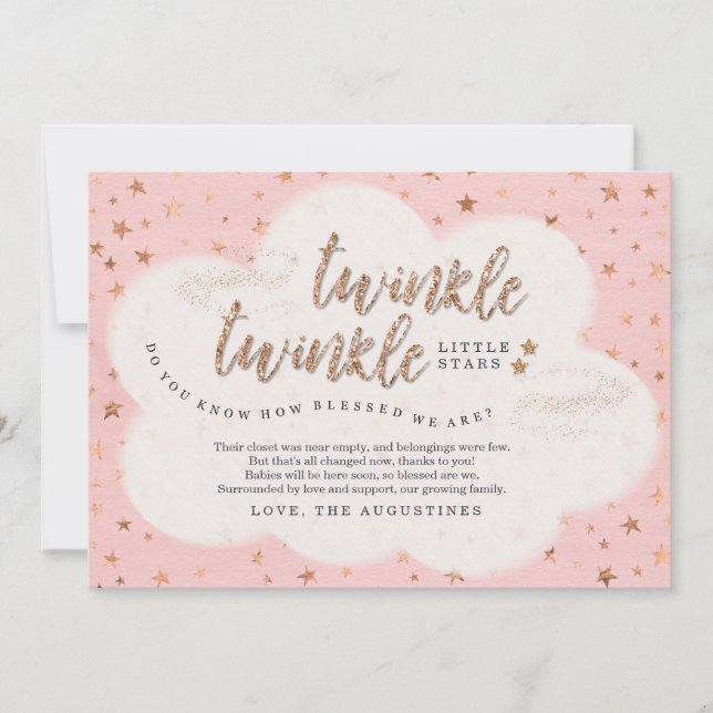 Funkeln-Funkeln-Stern-Zwillings-Mädchen-Babyparty Dankeskarte (Vorderseite)