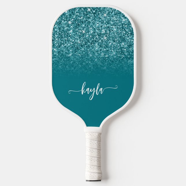 Funkelnd Aquamariner Glitzer Ombre Modernes Skript Pickleball Schläger (Vorderseite)