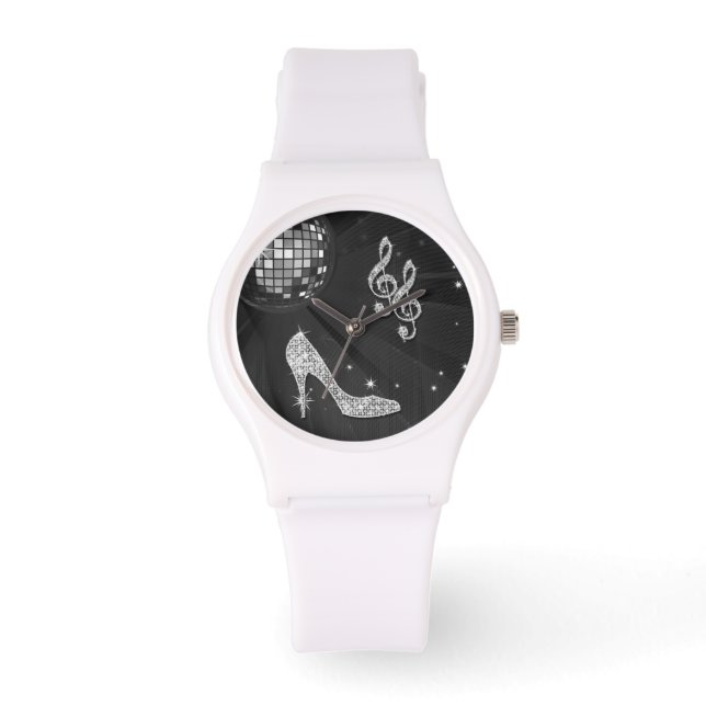 Funkelnd Black Musiknote & Stiletto Heel Armbanduhr (Vorderseite)