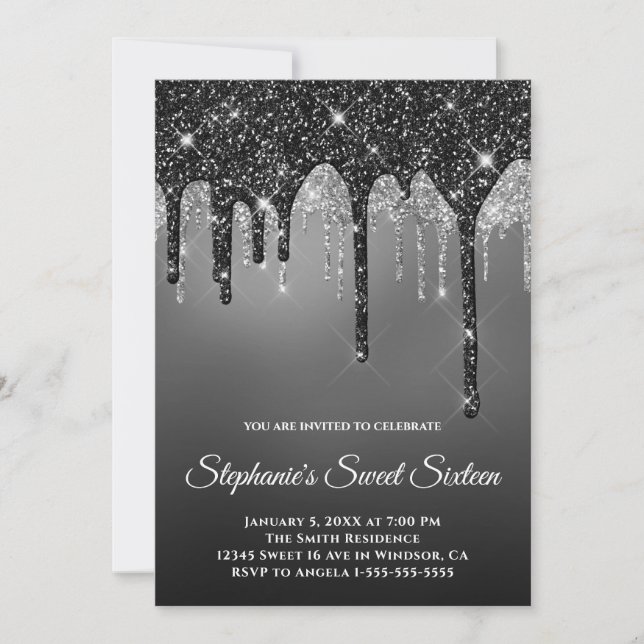 Funkelnd Black Silver Glitzer Gray Ombre Sweet 16 Einladung (Vorderseite)