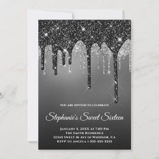 Funkelnd Black Silver Glitzer Gray Ombre Sweet 16 Einladung