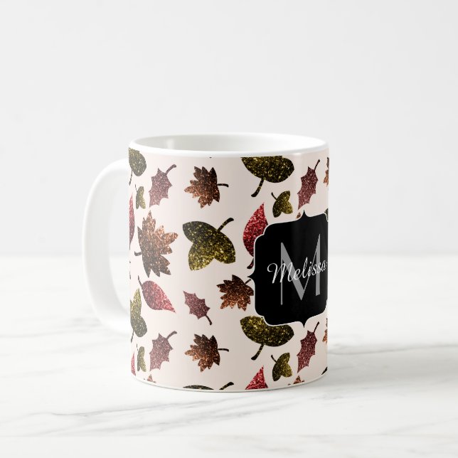 Funkelnd Blätter fallen Herbst Glitzern Monogramm Kaffeetasse (Vorderseite Links)