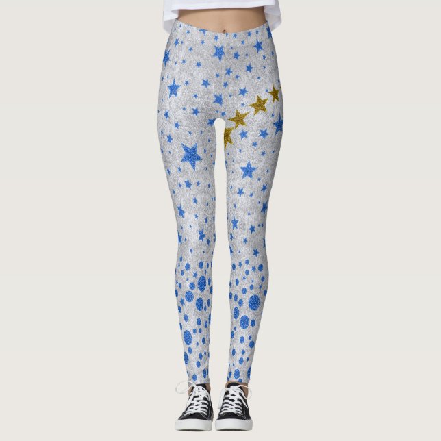 Funkelnd blaue Sterne auf abstraktem Silberpapier Leggings (Vorderseite)
