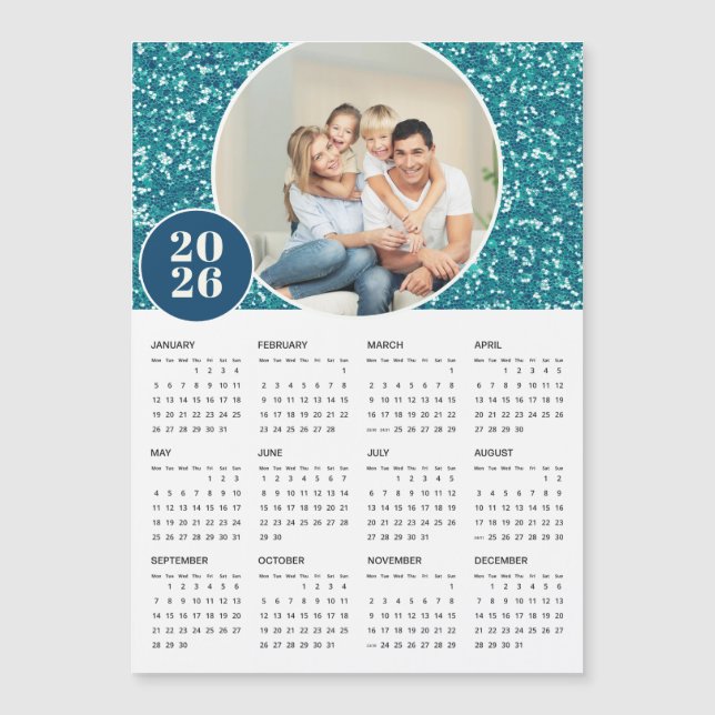 funkelnd Blue Custom Foto Magnetic Calendar 2026 Magnetkarte (Vorderseite)
